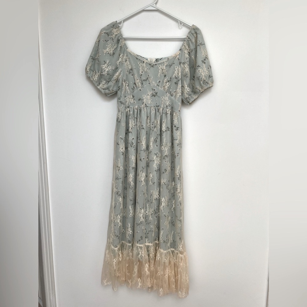 YesStyle Sage Green Floral Maxi Dress with Cream Lace Hem